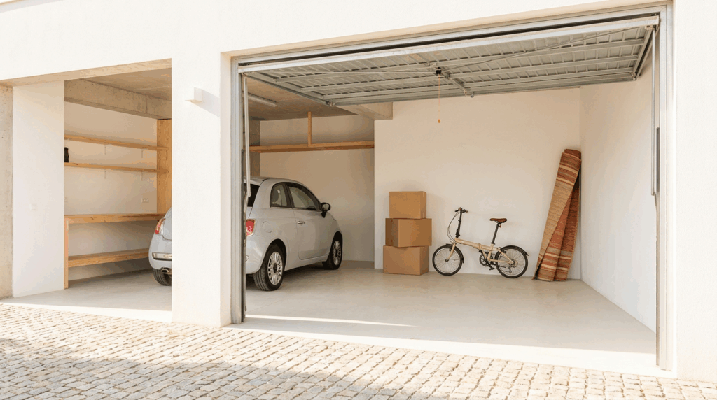 Un box de stockage moderne avec sa porte grande ouverte, laissant entrer une lumière naturelle abondante. À l’intérieur, des cartons empilés, un vélo et un tapis roulé sont disposés de manière ordonnée, illustrant un espace propre et fonctionnel.