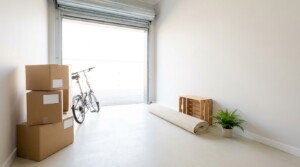 Un box de stockage moderne et lumineux, avec la porte relevée pour laisser entrer la lumière du jour. À l'intérieur, des cartons empilés, un vélo plié et un tapis roulé, le tout organisé proprement sur un sol immaculé. Un espace fonctionnel et accueillant, idéal pour stocker des affaires en toute sécurité.