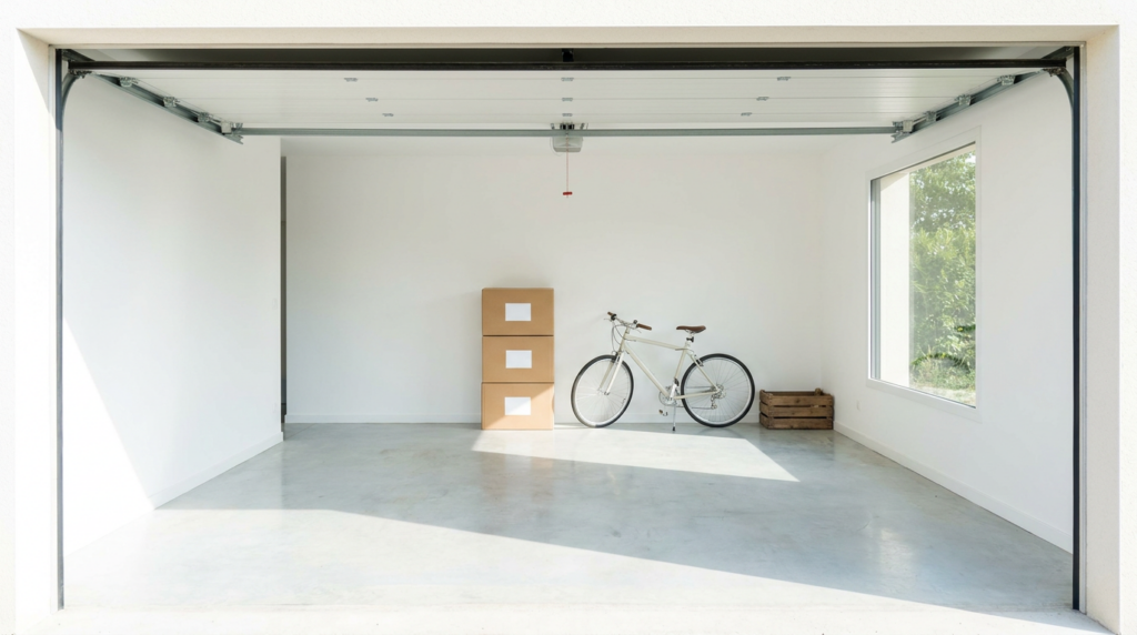 Un garage moderne et lumineux à Grenoble, avec la porte grande ouverte sur la lumière du jour. À l'intérieur, des boîtes en kraft soigneusement empilées, un vélo et une caisse en bois, sur un sol propre et clair. Un espace de stockage fonctionnel et accueillant.