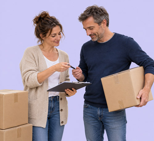 Femme et homme avec des cartons signant un contrat de location pour du stockage